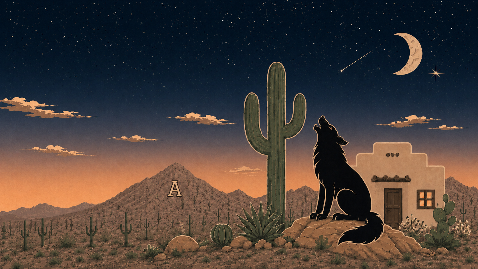 Sonoran desert night scene with cactus, wolf, adobe house, mountains, and moon.