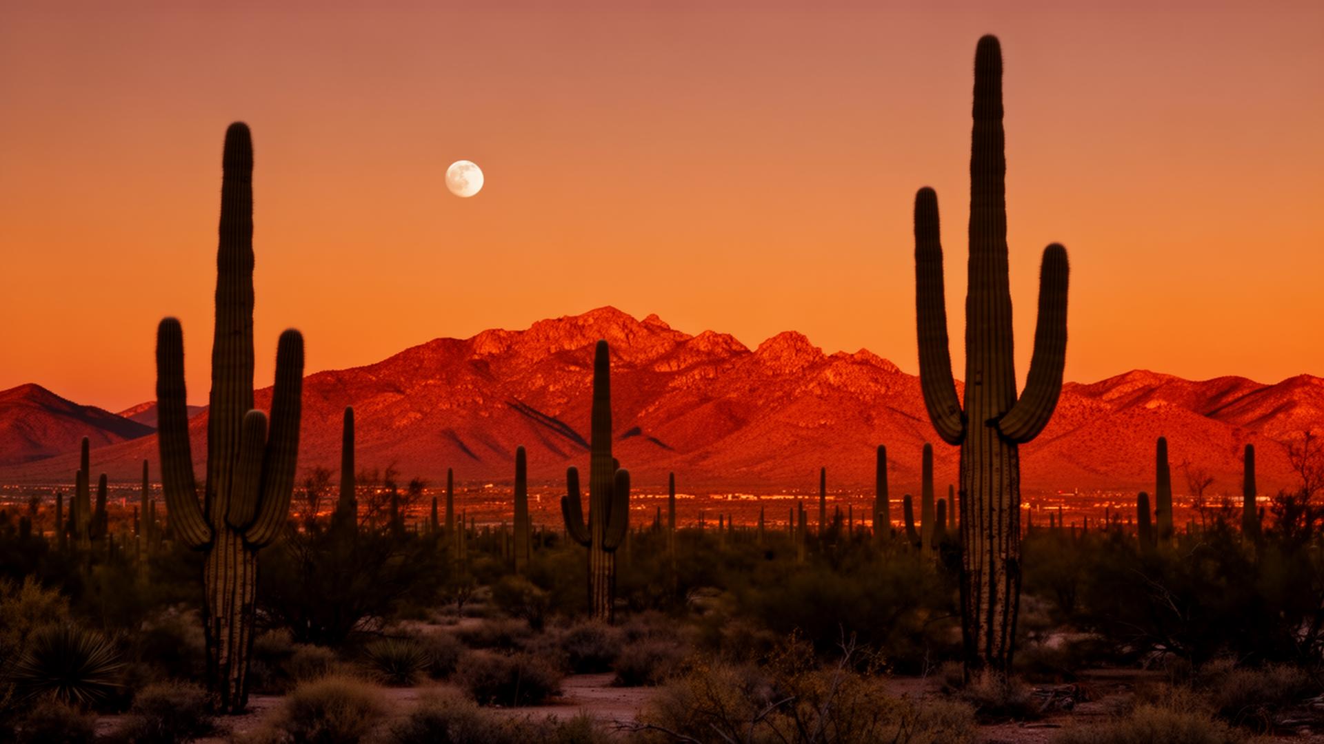Sonoran desert sunset with saguaro cacti and Tucson mountains